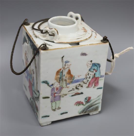 A Chinese famille rose square rice wine warmer, Tongzhi mark and period, some losses H.13cm